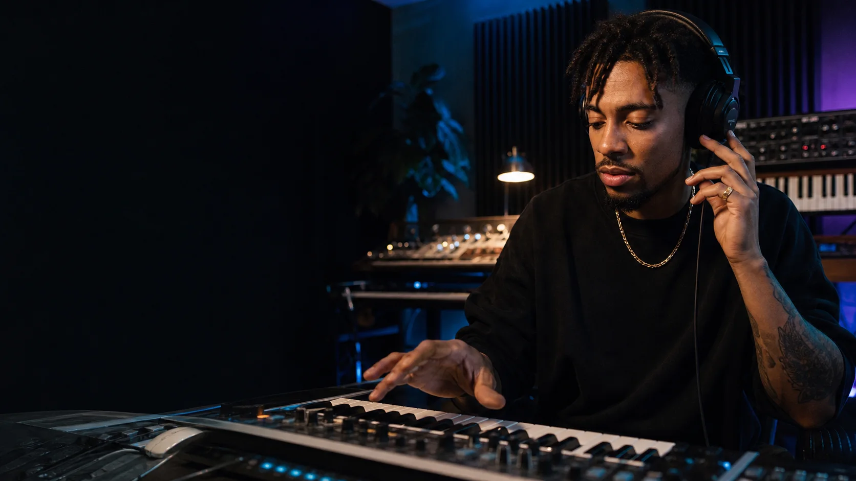 Music producer searching for sounds from a modern studio workstation