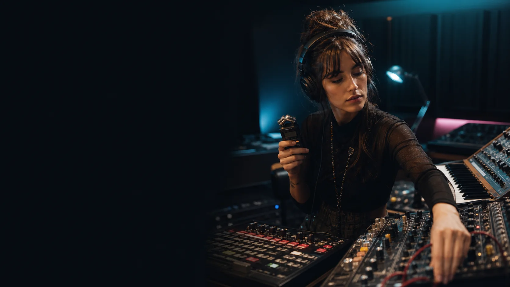 Music producer combining a field recording with an analog synthesizer in a studio