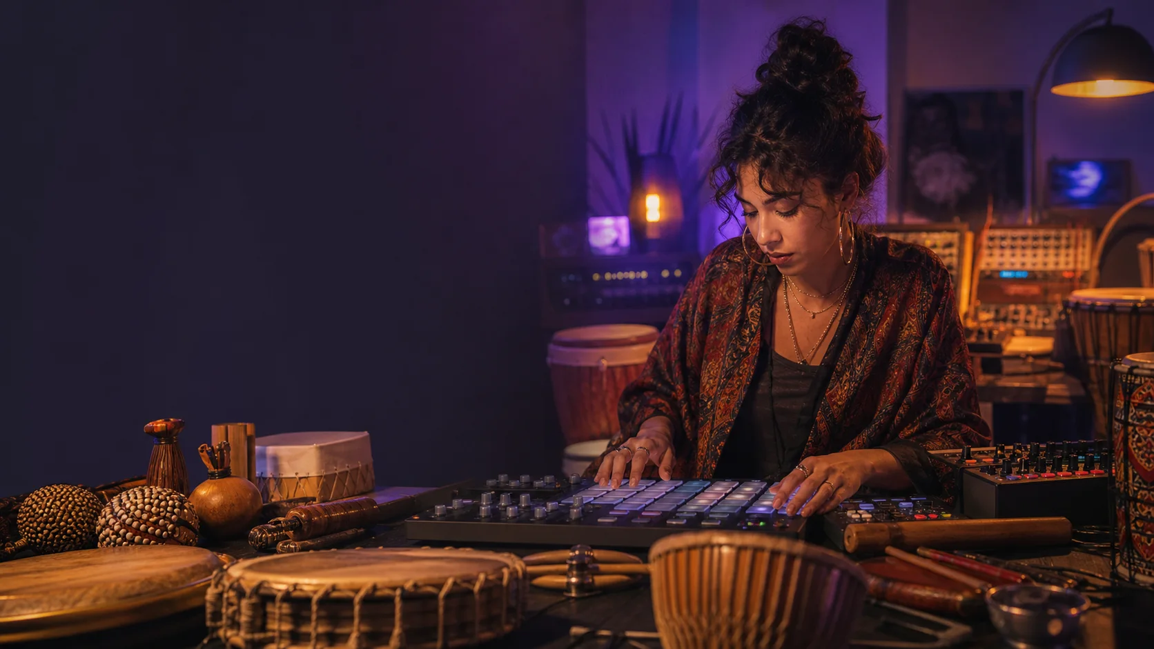 Producer building a beat with a pad controller and percussion instruments