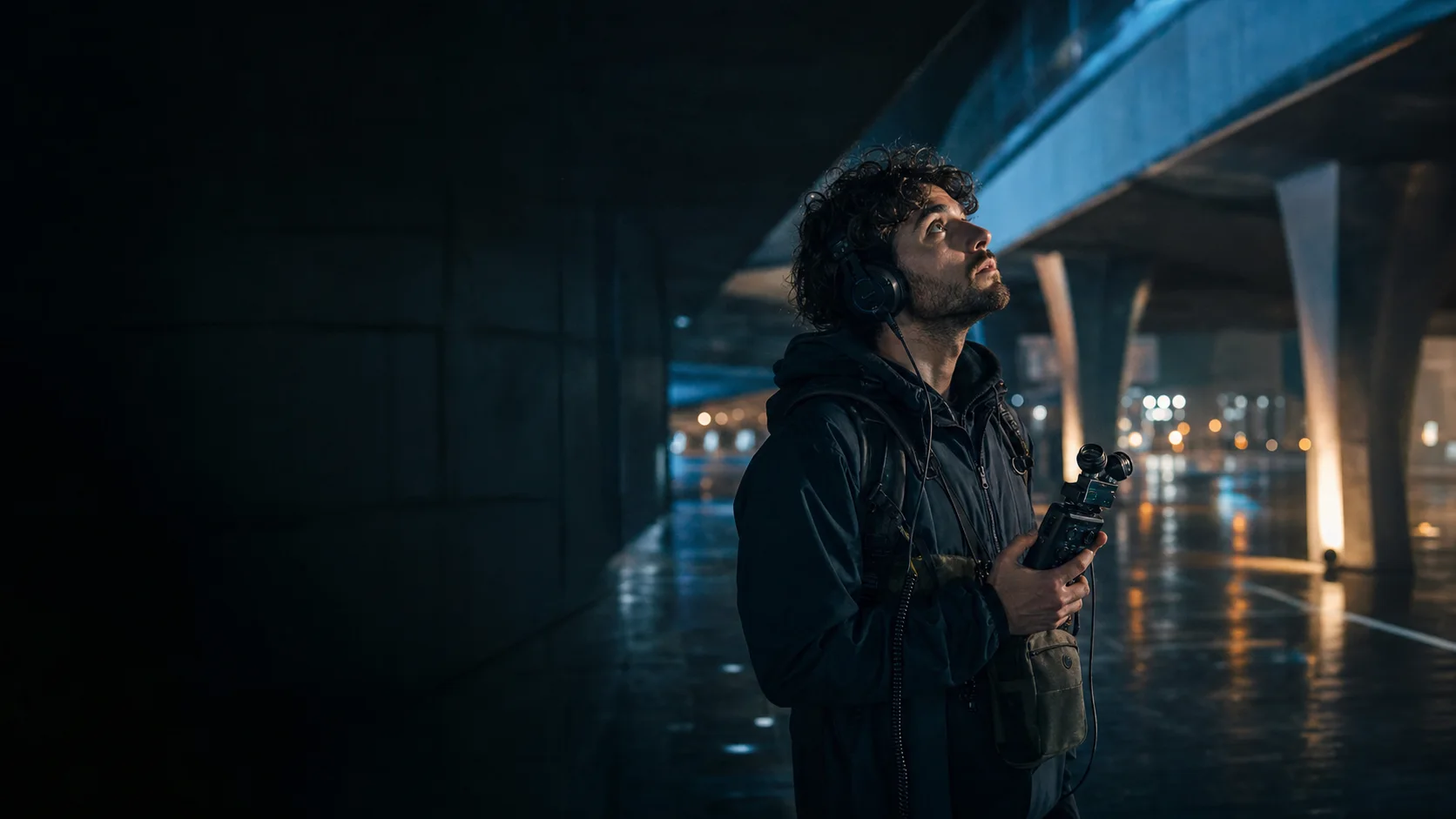 Field recordist capturing an original sound in the city at night